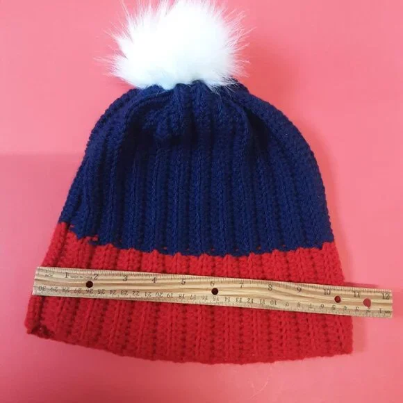 Winter Pom-Pom Beanie - Navy Red & White Football Fan Hat - 100% Acrylic New - Picture 5 of 6